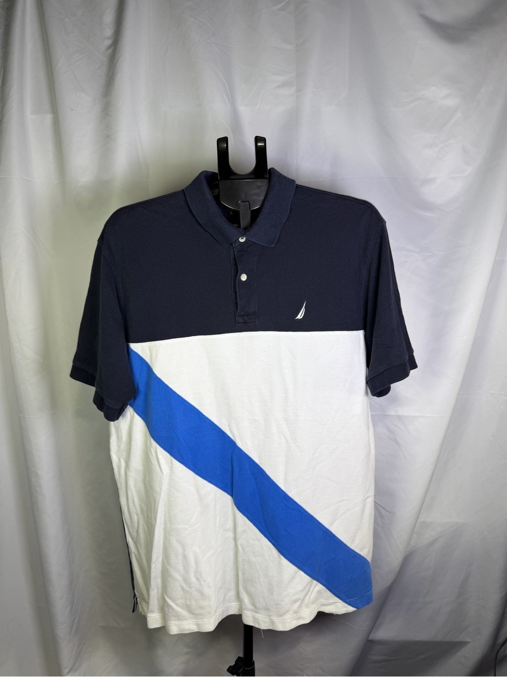 Nautica Men’s Navy White with Blue Diagonal Stripe Polo